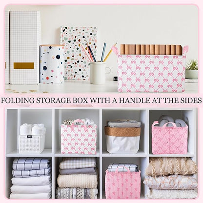Geelin 3 Pcs Pink Bow Storage Baskets, Foldable Cute Pink Storage Bins with Handles, Coquette Preppy Girly Organizer Boxes for Closet Shelf Nursery Bedroom Decorative Room Decor
