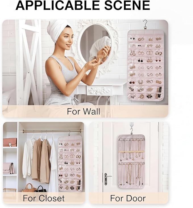 Hanging Jewelry Organizer, Dual-Sided Necklace Holder with Multiple Clear Pockets - Wall Mount & Over The Door Closet Storage for Earrings, Rings, Bracelets - 360° Rotating Hanger (1, pink, M)