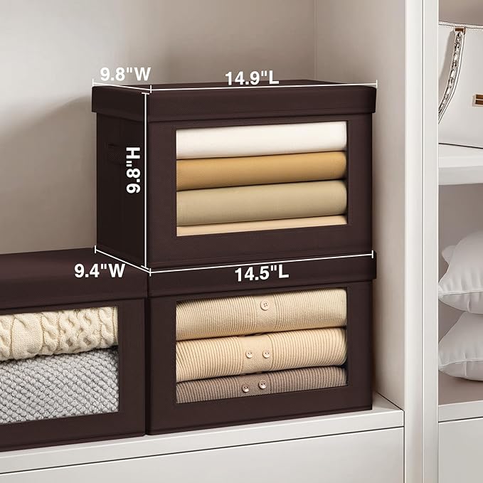 Homsorout Foldable Storage Boxes with Clear Window - Clothes Organizers and Decorative Bins with Lid, Fabric Storage Cube, Baskets for Shelves, Yarn, Home, Brown, 3 Pack
