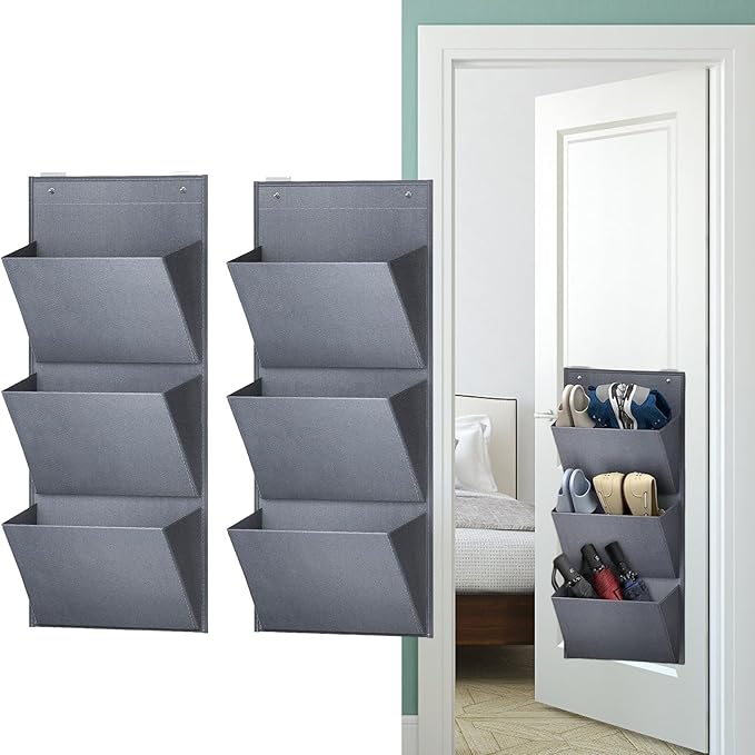 2 Pack Over The Door Shoe Organizer with 3 Sections for Towels and Laundry Items, Gray