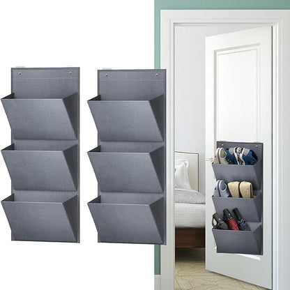 2 Pack Over The Door Shoe Organizer with 3 Sections for Towels and Laundry Items, Gray