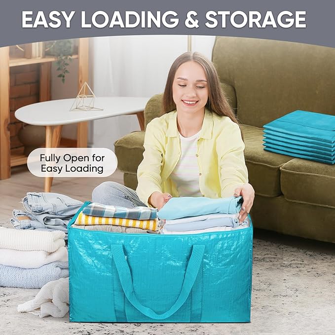 TICONN 8 Pack Extra Large Moving Bags Heavy Duty with Zippers & Carrying Handles, Durable Storage Bags Moving Boxes for Closet Organizers and Storage (8 Pack, Aqua)