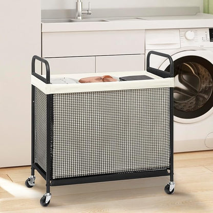 STORAGE MANIAC Rolling Laundry Hamper with Wheels 3-Section Laundry Sorter Rolling Laundrys Basket on Wheels with Removable Bag Clothes Hamper Laundrys Organizer Cart Bathroom Bedroom 120L Beige