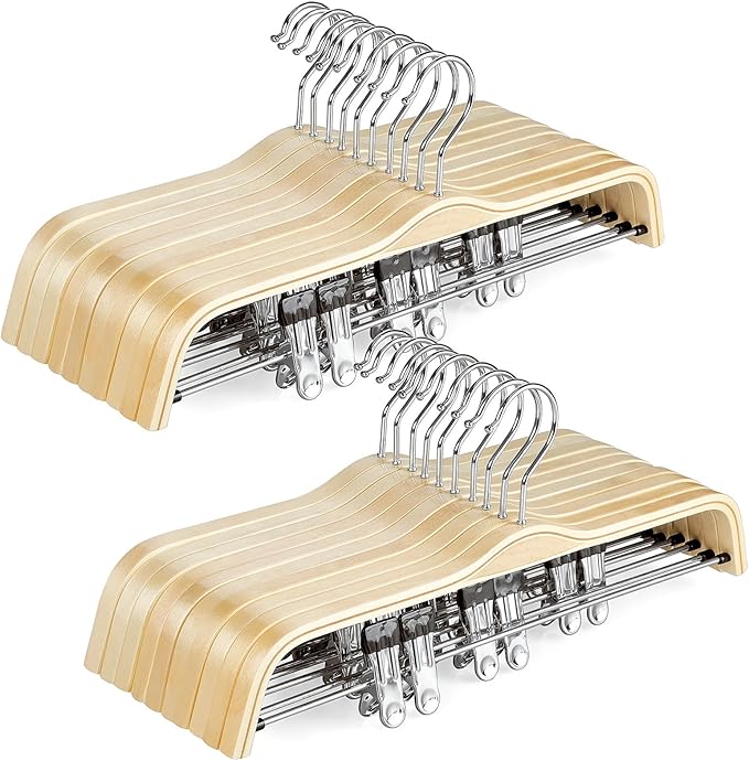 TOPIA HANGER Wooden Pants Hangers,Slim Natural Wood Skirt Hangers with Anti-Rust Hook and Adjustable Metal Clips, Perfect for Skirts, Pants, Slacks-20 Pack-CT17N20