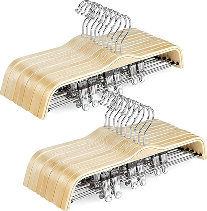 TOPIA HANGER Wooden Pants Hangers,Slim Natural Wood Skirt Hangers with Anti-Rust Hook and Adjustable Metal Clips, Perfect for Skirts, Pants, Slacks-20 Pack-CT17N20