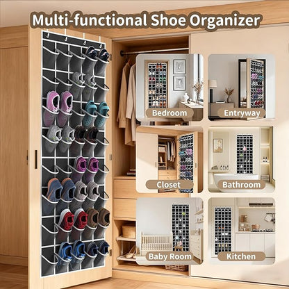 Over the Door Shoe Organizer with 40 Large Pockets, Multi-Purpose Storage for Shoe and Accessories, Durable Fabric with Adjustable Hooks for Home Closet Bedroom Entryway-Black