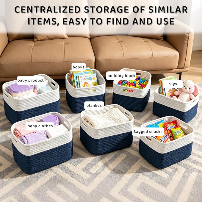 4 Pack Storage Baskets for Organizing, 12''Lx9''Wx8''H Woven Baskets for Storage Toys, Towels, Books, and Clothes, Cotton Rope Basket for Shelves with Handle