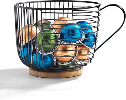 Coffee Pod Holder - Large Capacity Black Wire K Cup Storage with Wooden Base - Modern Coffee Basket Decor for Kitchen Countertop for Keurig Kcups & Espresso Capsules