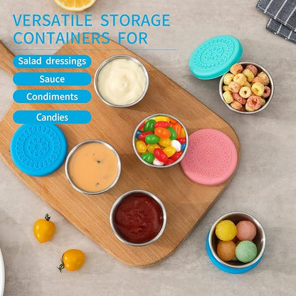 Freshmage [12 Pack 2.4oz Stainless Steel Dressing Container with Silicone Lids, Reusable Leakproof Condiment Containers Small Sauce Container Sets