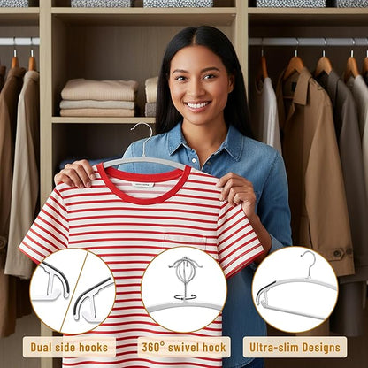 Arc Design No Shoulder Bump Plastic Hangers 30 Pack, Ultra Thin Non-Slip Hangers for Clothes, Heavy Duty Clothes Hangers, 360° Swivel Silver Hook-Space Saving Closet Organizer (Grey)