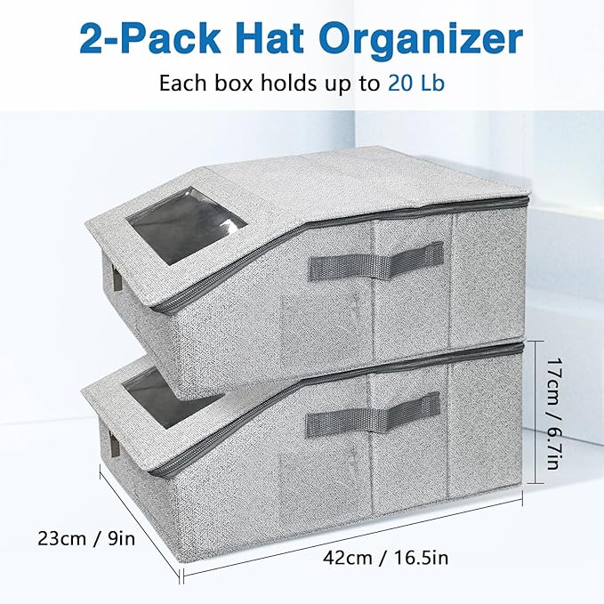 2 Pack Stackable Hat Storage Box for Baseball Caps 16.5 x 9 x 6.7 Inch Dustproof Cap Organizer with Clear Window & Cardboard Base to fit snapbacks, trucker hats, visors