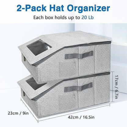 2 Pack Stackable Hat Storage Box for Baseball Caps 16.5 x 9 x 6.7 Inch Dustproof Cap Organizer with Clear Window & Cardboard Base to fit snapbacks, trucker hats, visors