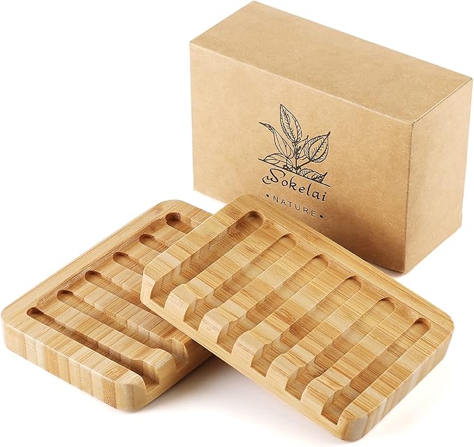 Shampoo Bar Holder Bamboo Soap Dish for Shower Wood Soap Dishes Wooden Soap Saver Tray Stand Self Draining Travel Soap Container Case for Bathroom Kitchen Bath Tub Razor Sponges, Waterfall Drain 2 PCS