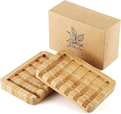Shampoo Bar Holder Bamboo Soap Dish for Shower Wood Soap Dishes Wooden Soap Saver Tray Stand Self Draining Travel Soap Container Case for Bathroom Kitchen Bath Tub Razor Sponges, Waterfall Drain 2 PCS