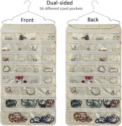 BB Brotrade Hanging Jewelry Organizer,Accessories Organizer,56 Zipper Pocket Organizer for Holding Jewelries (Beige-Zipper)