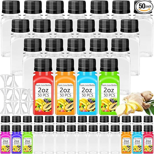 Qiuttnqn 50PCS 2oz Small Plastic Shot Bottles with Caps,Clear Empty Plastic Juice Bottles with 10 Funnels,Small Leak-Proof Juice Containers for Drink Milk Beer Coffee Liquid Beverages