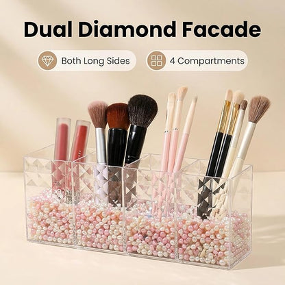 Acrylic Makeup Brush Organizer, 4 Compartment Cosmetic Brush Storage Holder, Desktop Vanity Makeup & Pen Holders