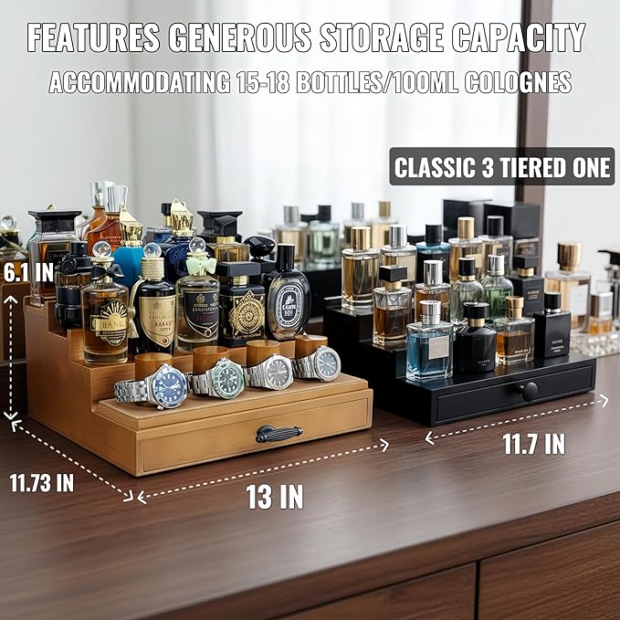 Cologne and Watch Organizer Walnut Brown – Wooden Perfume Display Stand with Jewelry Storage Drawer, Velvet Lining, Hidden Compartment – Large Cologne Holder – Gift Box Included