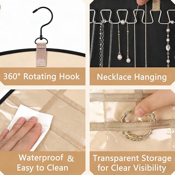 2 Pack Travel Jewelry Organizers and Storage Set: One with 48 Pockets for Earring & Ring, One with 43 Large Pockets for Bracelets & Watches, Hanging Storage Roll with Hanger for Closet Wall