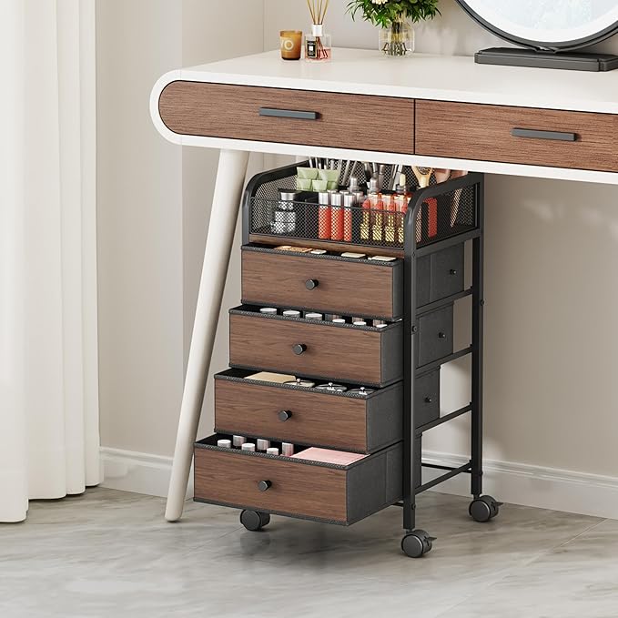 SWTYMIKI Rolling Makeup Organizer Cart - 14.96″*11.81″*27.55″ Widened Under Desk Vanity Storage with 4 Non-woven Drawers, Cosmetic Display Cases for Skin Care Perfume Nail Polish Brush Hair Tool Black