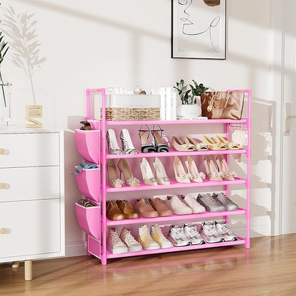 VILICK Shoe Rack for Closet Shoe Organizer Space Saver Storage for 20-25 Pair Shoe Shelf with Hook and Side Pocket Free Standing 5 Tier Shoe Rack Organizer for Entryway,Small Spaces, Pink