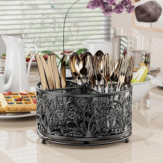 YIUKEA 360° Rotating Utensil Caddy - Silverware Cutlery Caddy Holder with 4 Compartment, Metal Flatware Organizer Countertop with Handle for Party Camping Picnic, Kitchen Counter, Office (Black)