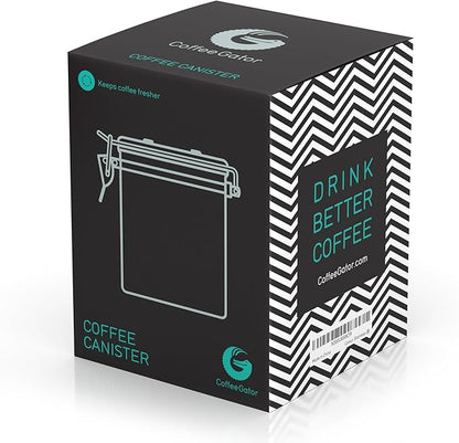 Coffee Gator Coffee Canister – 6” Stainless Steel Airtight Coffee Containers for Ground Coffee w/ Date Tracker, Co2-Release Valve, Measuring Scoop & Travel Jar - Medium, Silver