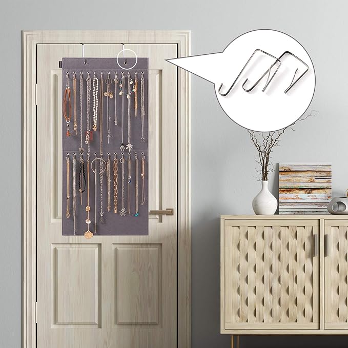 Hanging Jewelry Organizer Storage with 24 Hooks Wall Mounted Jewelry Display Hanging on Door Closet Necklace Holder for Bracelet Ring Chain-Patent Design(Gray)
