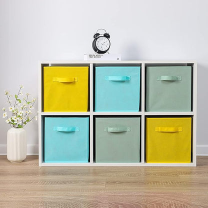 Stero Fabric Storage Bins 6 Pack Fun Colored Durable Storage Cubes with Fabric Handles Foldable Cube Baskets for Home, Kids Room, Closet and Toys Organization Cyan, Green, Yellow