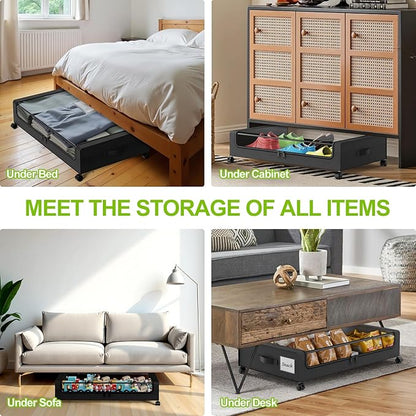 Molutsody Under Bed Storage with Wheels, 4-Pack Underbed Storage Containers with Clear Lids, Under Bed Shoe Storage Organizer, Rolling Under Bed Storage for Clothes Shoes Blankets (Black)
