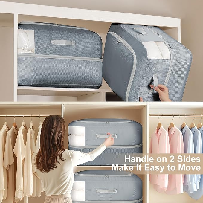 Comforter Storage Bag - 110L Large Capacity Blanket Storage Bags 2-Layer Ultra Space Saving Self Compression Organizer, Washable Compression Bags for Storage Comforter Blanket, 4-Pack, Grey