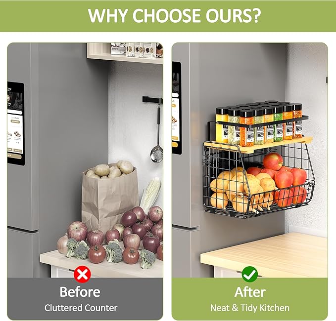 Magnetic Shelf for Fridge with Lid: 2 Pack Fruit Potato and Onion Storage Bin - Magnetic Spice Rack for Refrigerator & Kitchen Counter - Pantry Organizers and Storage
