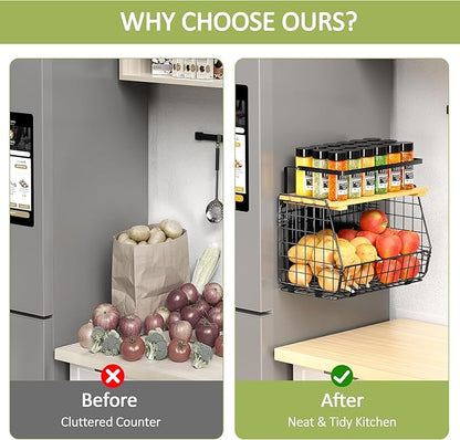 Magnetic Shelf for Fridge with Lid: 2 Pack Fruit Potato and Onion Storage Bin - Magnetic Spice Rack for Refrigerator & Kitchen Counter - Pantry Organizers and Storage