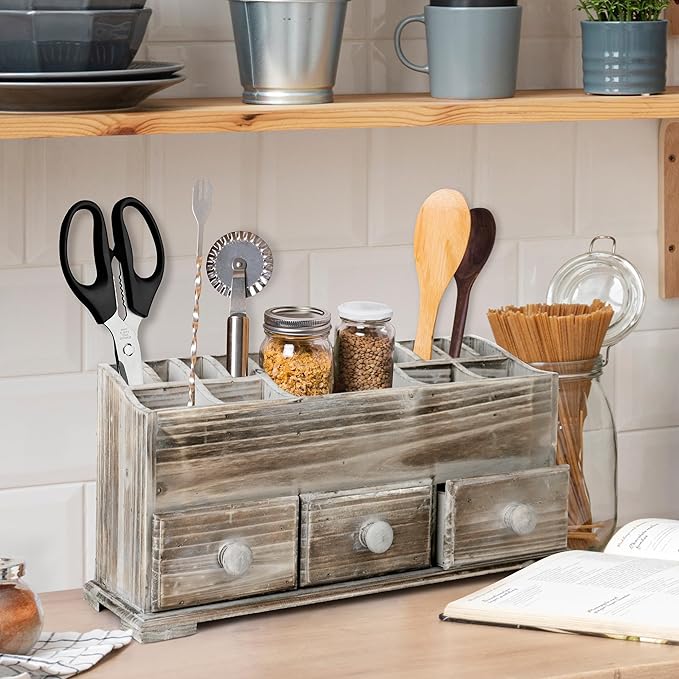 Besti Rustic Vanity Organizer for Cosmetics, Makeup, and Bathroom Accessories, Wooden Farmhouse Storage Box with 3 Drawers, Vintage Countertop, Dresser, or Desk Organization