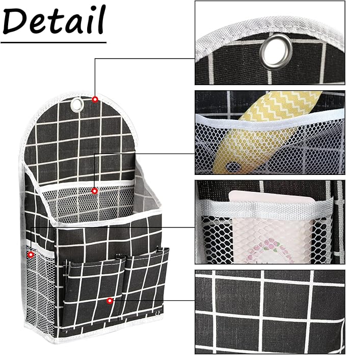 FuninCrea Wall Hanging Storage Bag, Black and White Checkered Linen Organizer Wall Mounted Punch-Free Over The Door Storage Pouch with 6 Storage Pockets and 1 Hanging Hook (Black)