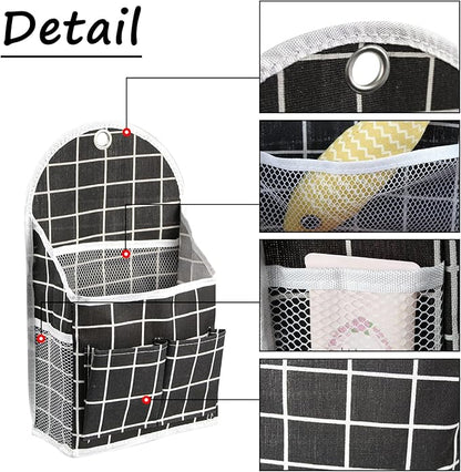FuninCrea Wall Hanging Storage Bag, Black and White Checkered Linen Organizer Wall Mounted Punch-Free Over The Door Storage Pouch with 6 Storage Pockets and 1 Hanging Hook (Black)