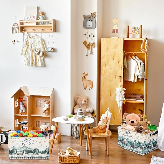 Geelin 3 Pcs Christmas Winter Baskets Wonderland Storage Basket for Gifts Collapsible Waterproof Canvas Xmas Reindeer Storage Bin Organizer with Handles for Book Closet Shelf Nursery Decor