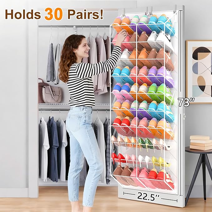 20-30 Pairs Over the Door Shoe Organizer, Transparent PVC Hanging Shoe Rack for Closet, 10-Tier Door Shoes Storage, Crystal-Clear Visibility Fit All the Family's Sneakers, Boots, Heels, White Frame