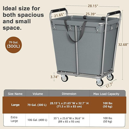 Hoctieon Large Laundry Cart with Wheels, 300L Heavy Duty Laundry Basket Organizer, Rolling Hamper Sorter for Clothes Storage, Industrial Dirty Clothes Hamper for Home & Hotel, Gray