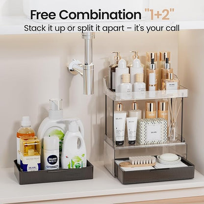 Delamu Bathroom Organizers and Storage, 2 Tier 2 Drawer Makeup Organizer Countertop, Easy to Install, Ideal for Bathroom Counter, Vanity, Large Skincare, Perfume, Present, Desk and More, Black