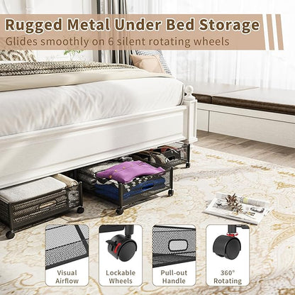 Under Bed Storage with Wheels, 31.5in / 35L Large Rolling Underbed Storage, Underbed Drawer on Wheels, Tool-free Assembly Metal Under Bed Drawers Organizer Container for Bedroom Shoes Clothes Toys