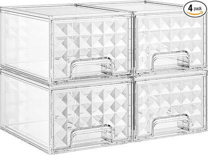 Delamu Stackable Storage Drawers, Makeup, Baby Bottle and Bathroom Cabinet Organizer, Plastic Drawer Organizer for Undersink, Cabinet, Vanity, Kitchen, Pantry, Ideal Gifts for Women, Clear, 4 Pack