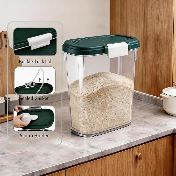 Dark Green Rice Storage Container 15-20 Lbs, Large Tall Flour Container with Lid + Scoop + Cup - Slim Dry Food Storage Bin for Cereal, Sugar, Beans, Pet Foods - Kitchen and Pantry Storage Organization