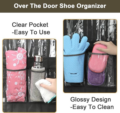 Over the Door Shoe Organizer - Space Saving Shoe Rack for Closet Door with 24 Crystal Clear Pockets and Metal Hooks, Shoe Holder Back of Door Organizers for Shoes, Hanging Shoe Organizer (Black)