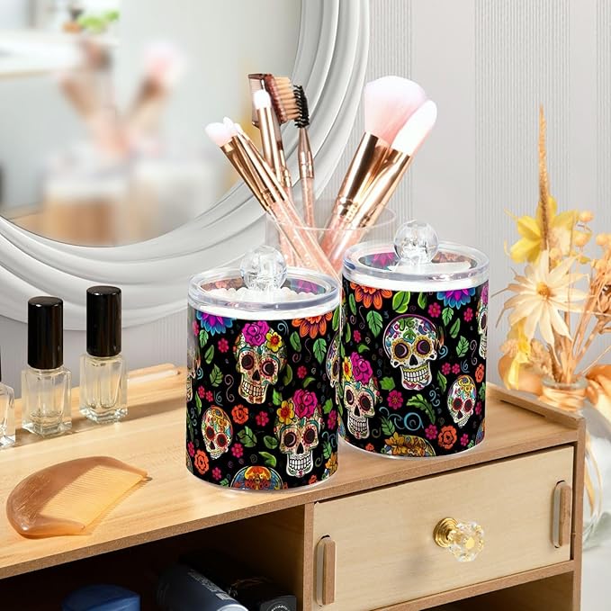 2 Pack Apothecary Jars Bathroom Colorful Dead Skulls Qtip Holder Dispenser Clear Plastic Storage Canister Jar with Lid for Cotton Ball, Cotton Swab