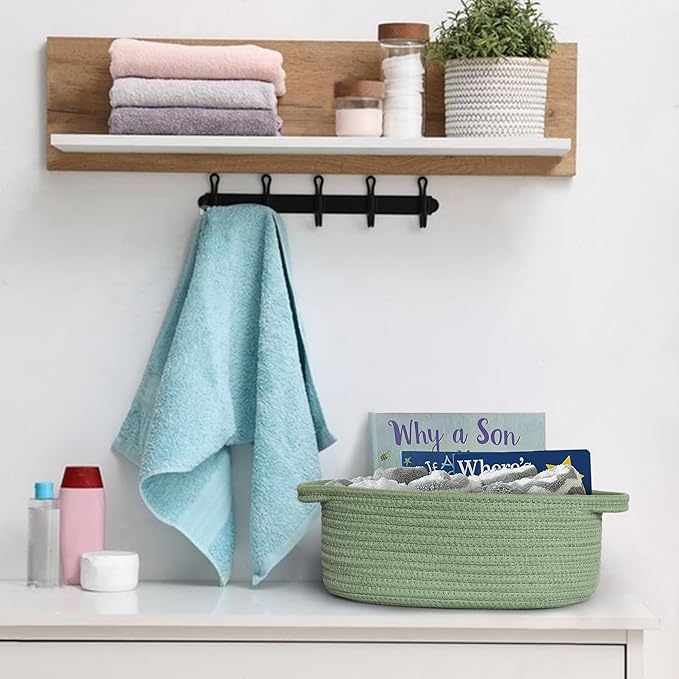 MEGASKET Green Woven Basket, 13" x 9" x 5" Baskets for Gifts Empty, Cute Cotton Rope Cat Dog Toy Bin Box, Small Woven Bin for Organizing, Green Room Decor, Nursery Baby Cloth Diaper Storage Organizer