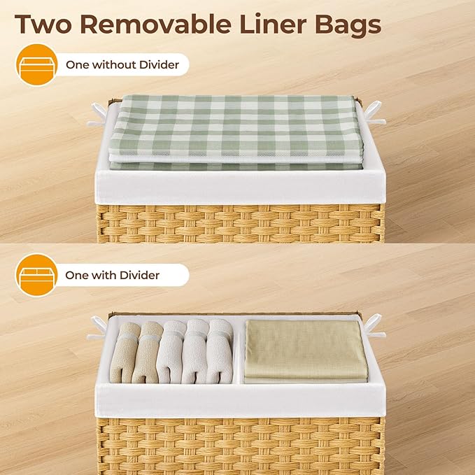 Greenstell Storage Basket with Lid, 105L Large Wicker Basket with Lid, Handwoven Blanket Storage Basket with Handles, Removable Cotton Liner, Metal Frame, Foldable for Bedroom, Laundry Room, Natural