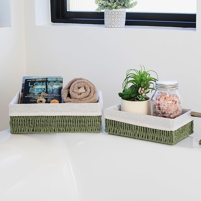 Beautiful Toilet Paper Storage Basket Set of 2 – Decorative Wicker Bathroom Organizer for Toilet Tank Trays - Quality Holder Bin for Shelves Fits Perfectly with Any Bathroom Decor