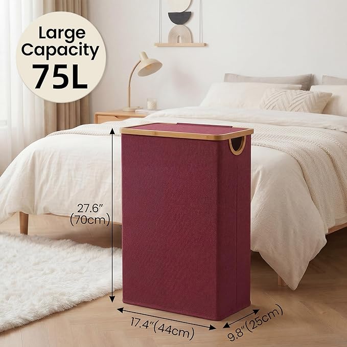 efluky Slim Laundry Basket with Lid, Narrow Laundry Hamper with Removable Bag, Skinny Dirty Clothes Basket with Bamboo Handles for Bathroom, Bedroom & Laundry Room, 75L Burgundy