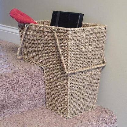 Household Essentials Wicker Stair Basket with Handles, Handwoven Seagrass, Natural